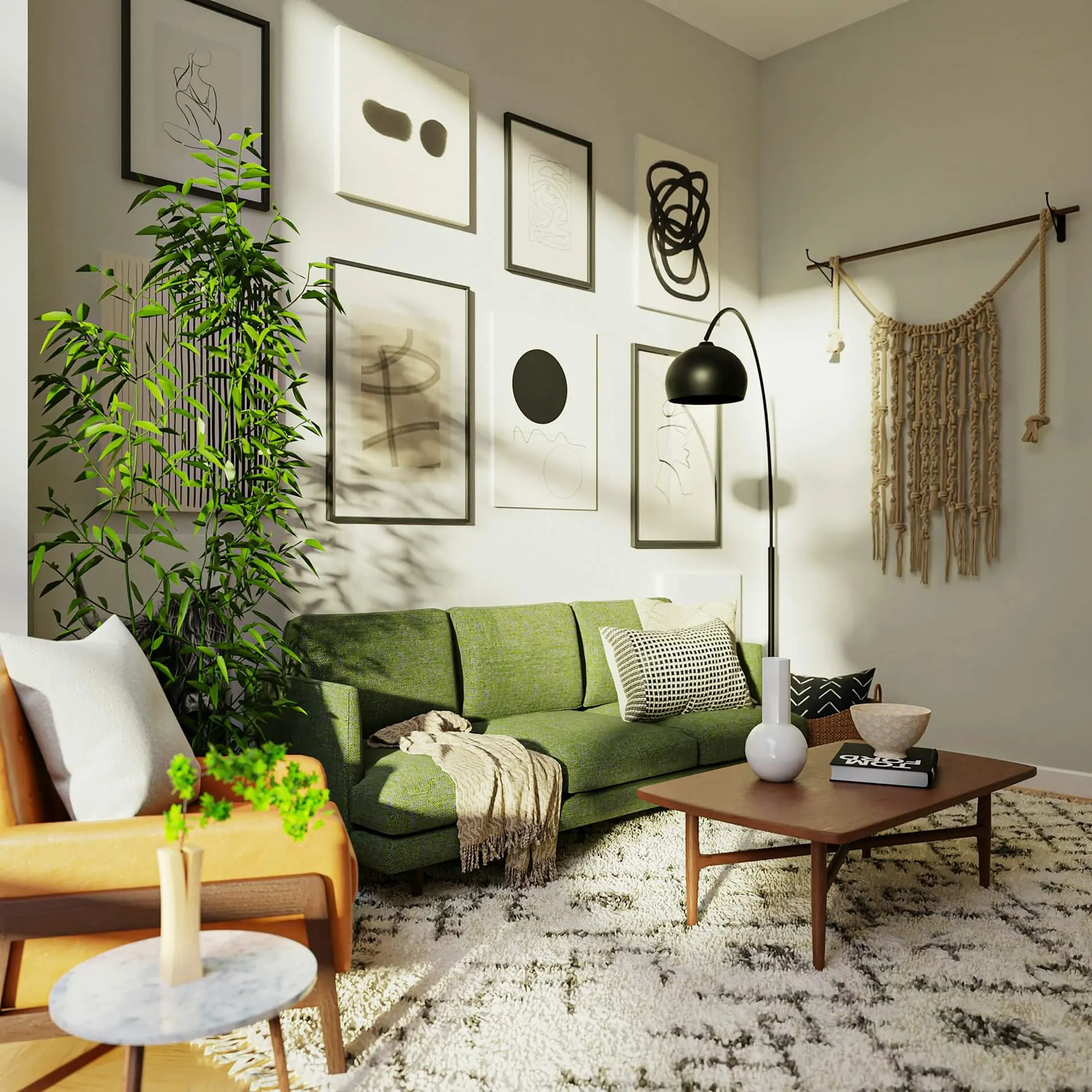 Sala cálida con productos para el hogar