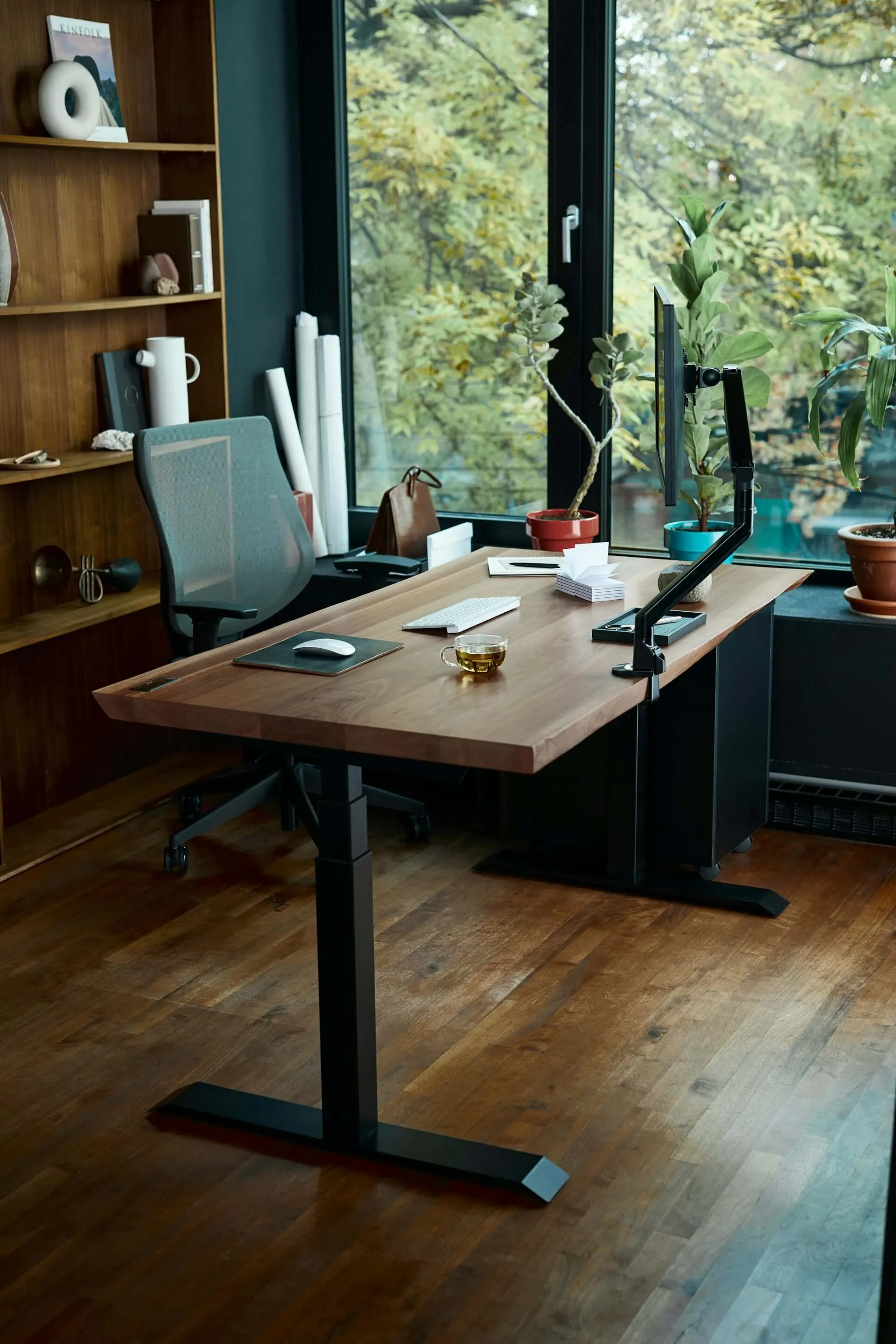 Espacio de trabajo con escritorio, plantas y productos para el día a día.
